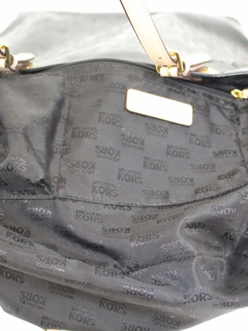 Michael Kors MK Logo Tote Black Patent PVC Large‎ Shoulder Bag Gold
